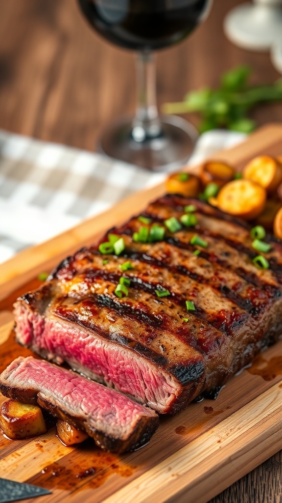 Seared venison steak on a cutting board with herbs and roasted vegetables.